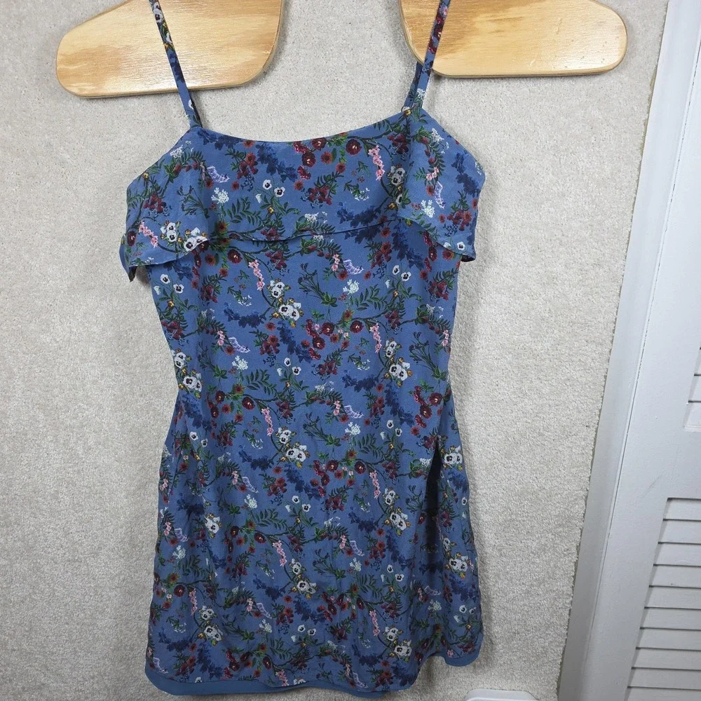 Alice + Olivia Silk Floral Mini‎ Dress Womens Large Blue Ruffle Spaghetti Strap